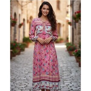R. Vivimos Midi Dress Medium Pink Floral Boho Tassel Cottagecore Peasant
